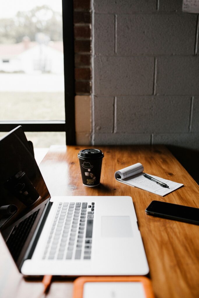 A desk set up with a computer